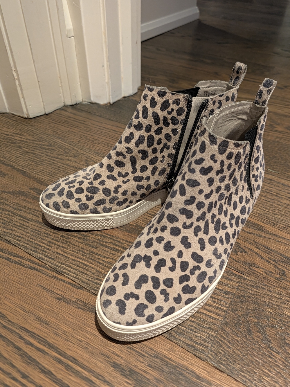 Leopard Print Zip-Front Ankle Booties in Taupe